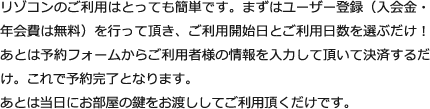 リゾコンのご利用はとっても簡単です。まずはユーザー登録（入会金・年会費は無料）を行って頂き、ご利用開始日とご利用日数を選ぶだけ！あとは予約フォームからご利用者様の情報を入力して頂いて決済するだけ。これで予約完了となります。あとは当日にお部屋の鍵をお渡ししてご利用頂くだけです。